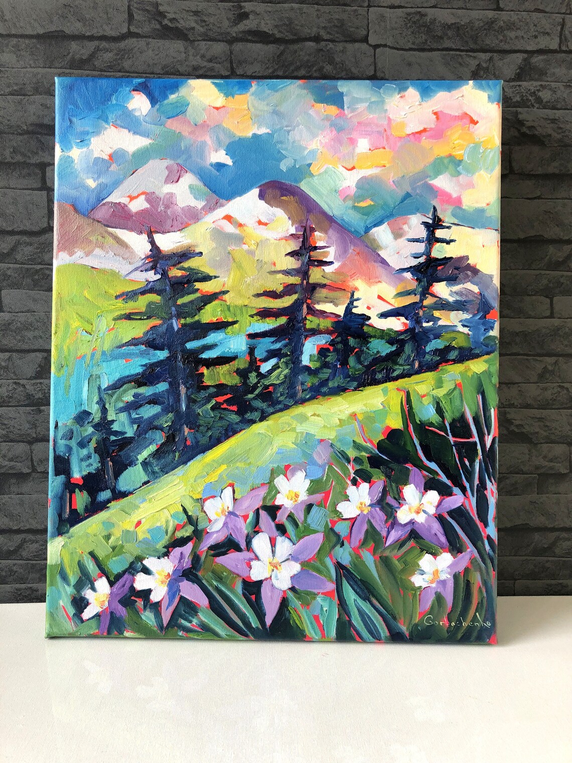 Colorful Mountain Meadow Oil Painting with Pines and Wildflowers Poster - Image 4