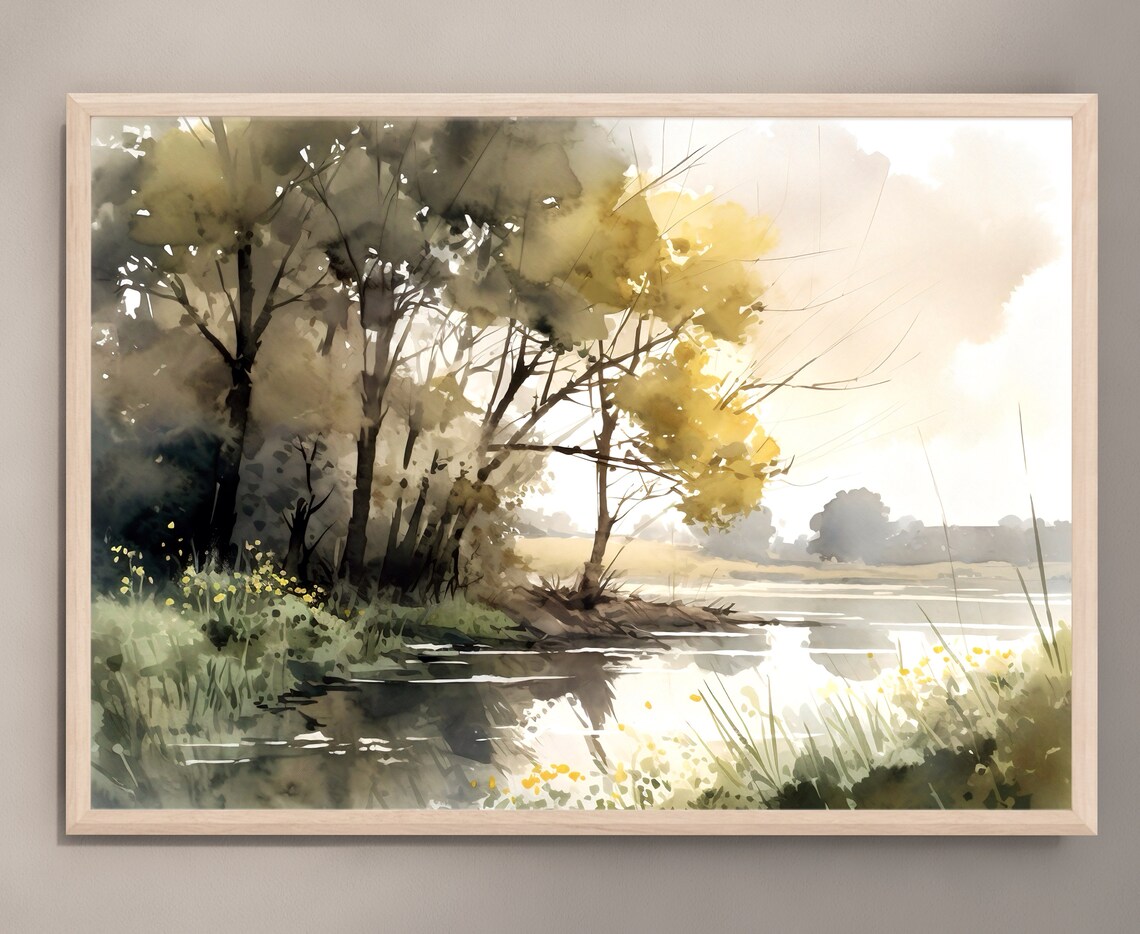 Autumn River Watercolor with Golden Trees and Calm Water Poster - Image 3