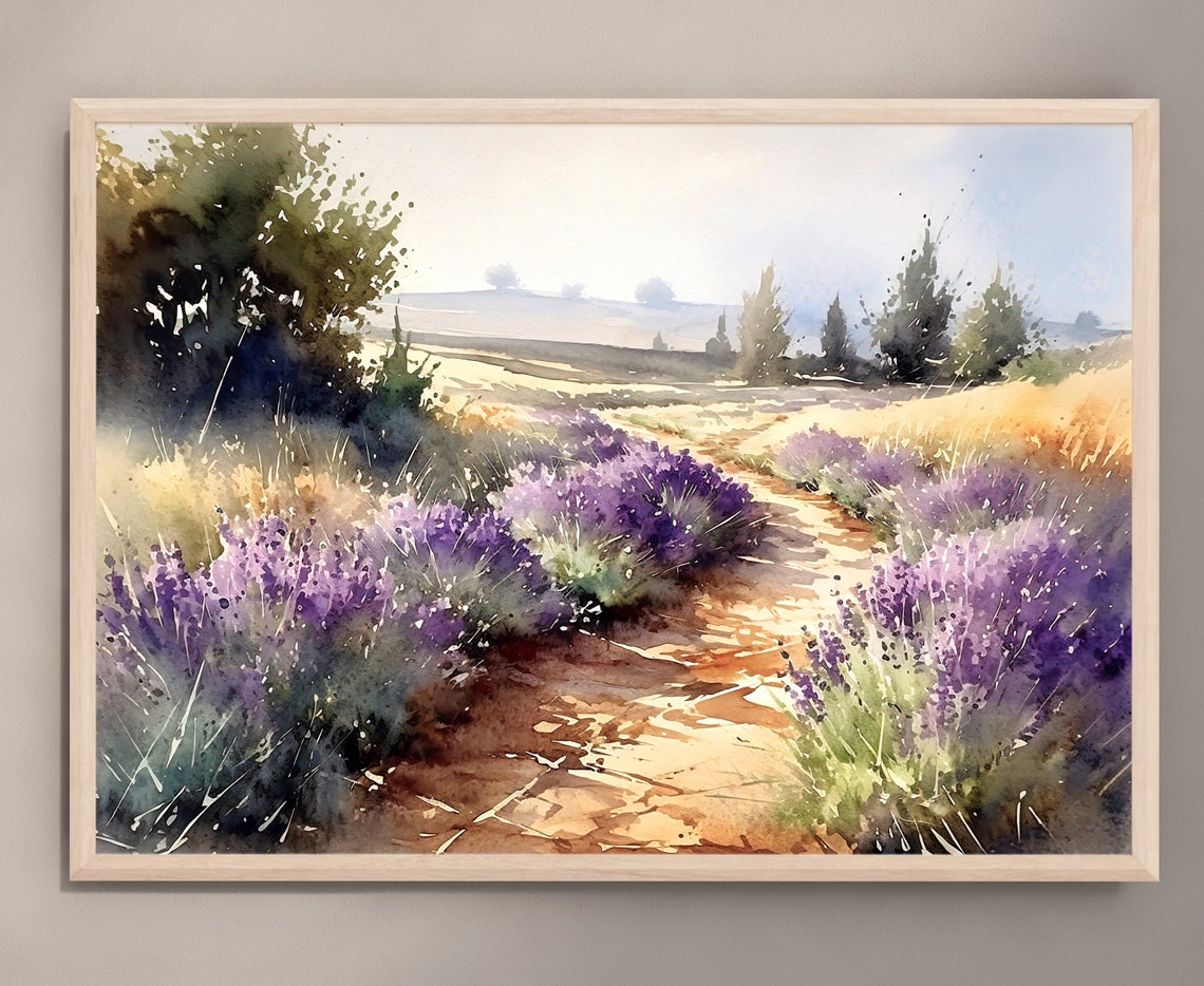Provence Lavender Path Through Purple Fields Watercolor Poster - Image 2