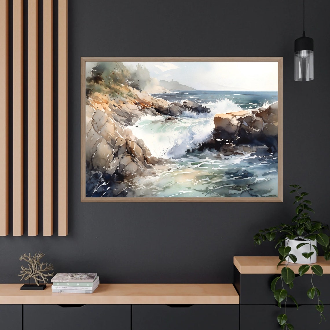 Rocky Shoreline Crashing Waves Ocean Watercolor Seascape Poster - Image 3