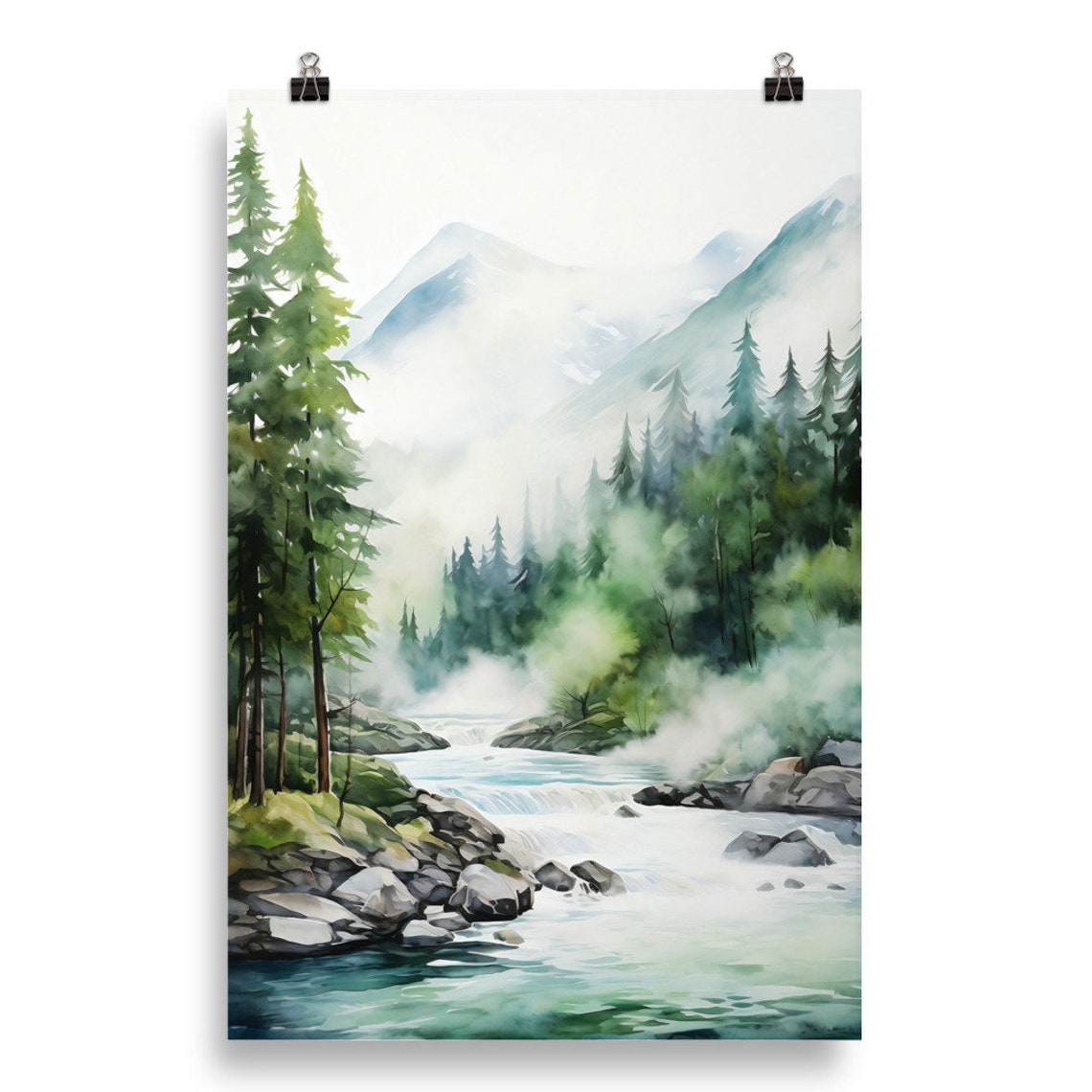 Misty Pine Forest River Watercolor with Mountain Peaks Print - Image 5