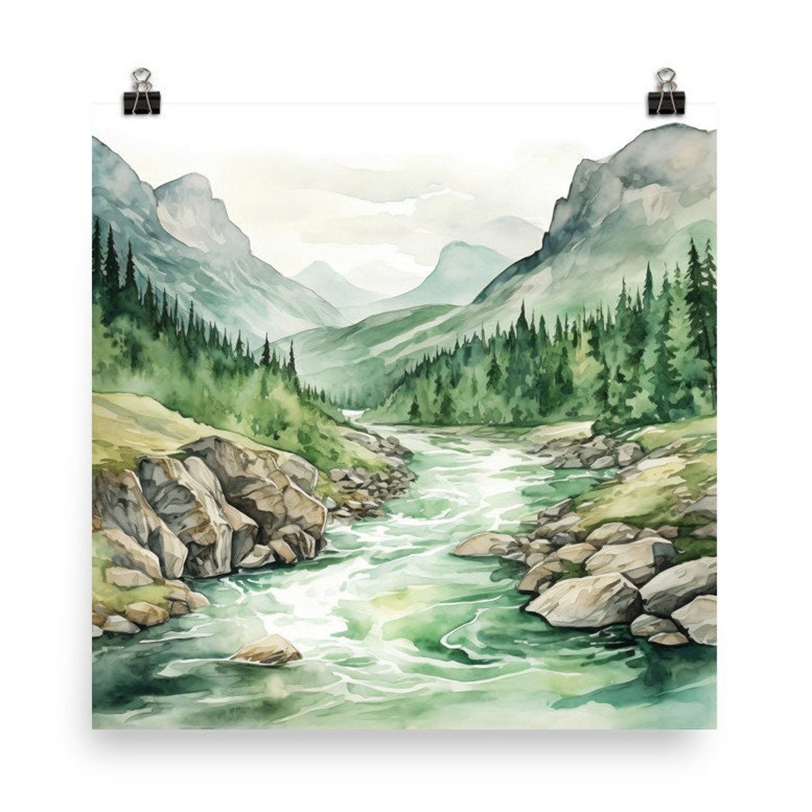 Green River Valley Misty Mountains Evergreen Watercolor Poster - Image 4