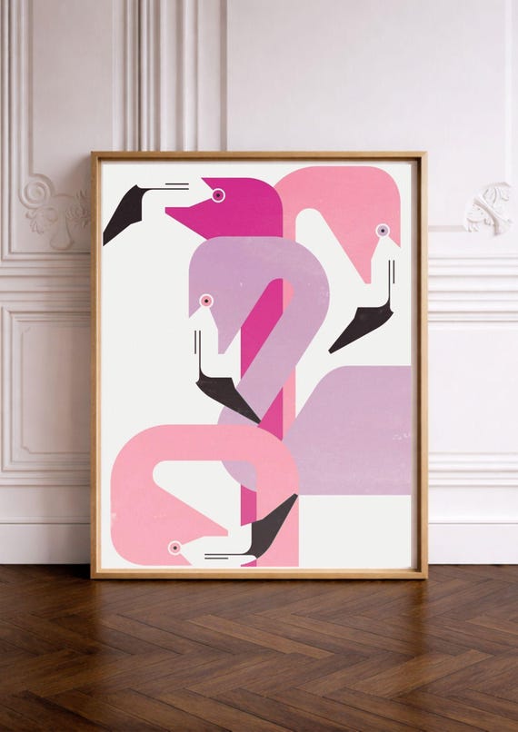 Stylized Flamingo Poster Modern Pink Flamingos Wall Art Minimal Tropical Illustration