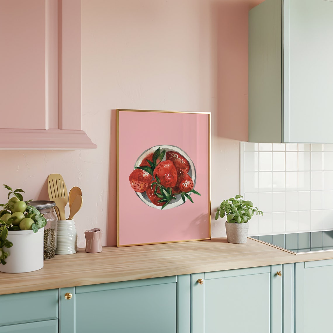 Strawberry Bowl Watercolor Pink Fruit Kitchen Food Decor Poster - Image 2