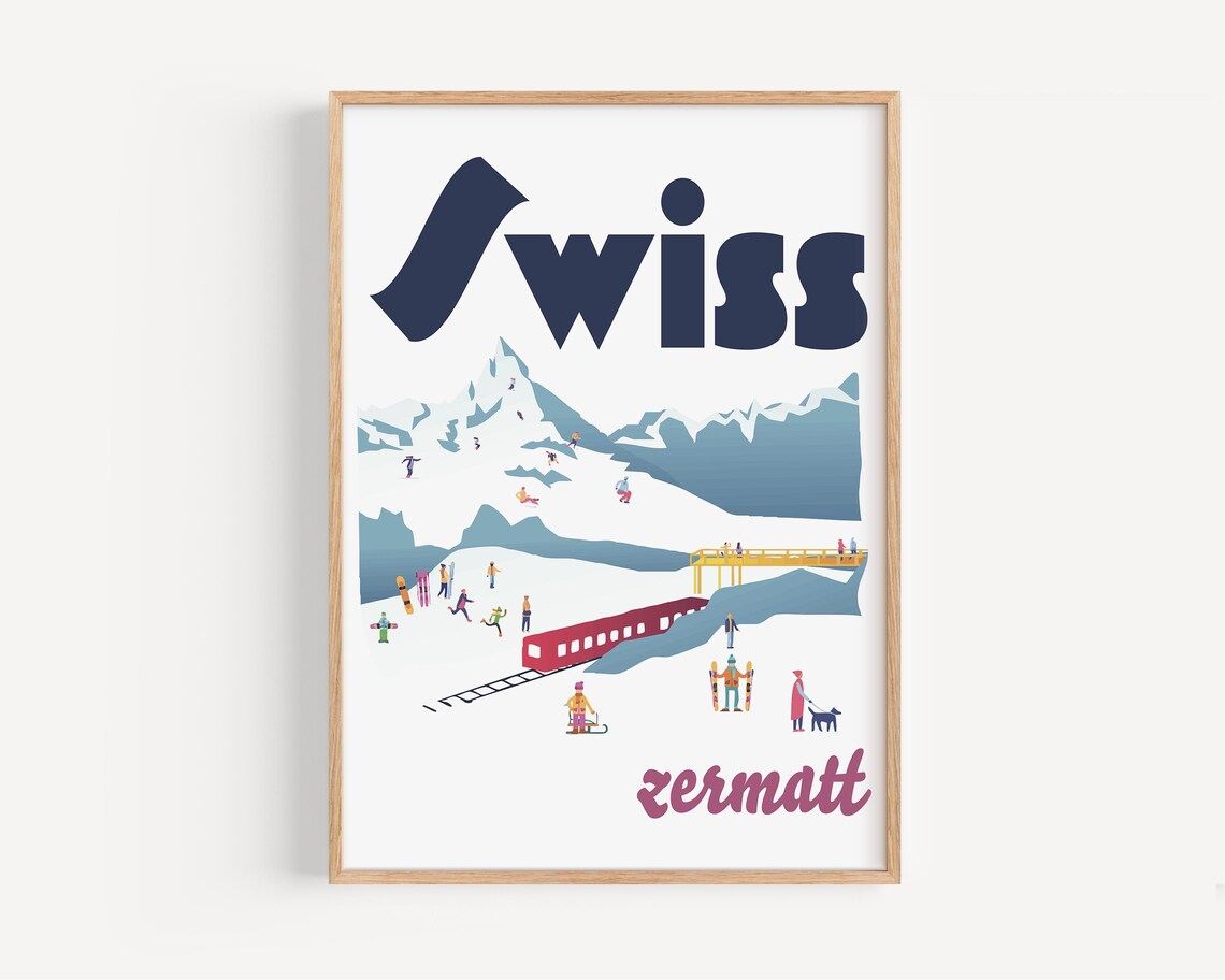 Swiss Alps Zermatt Travel Poster, Modern Ski Resort