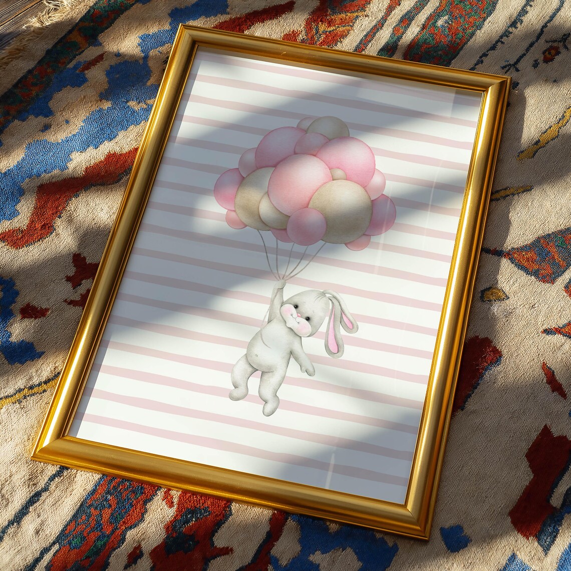 Bunny Floating With Pink Balloons Pastel Cute Nursery Poster - Image 2