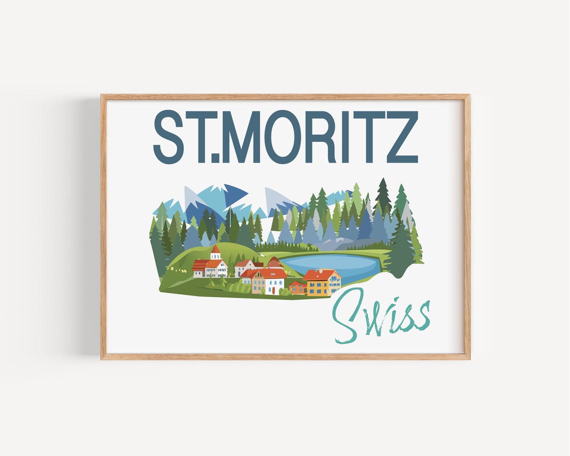 St Moritz Swiss Alps Travel Print Instant Wall Art For Winter Decor Ski Lodge Theme Scenic Mountain Poster Swiss Art