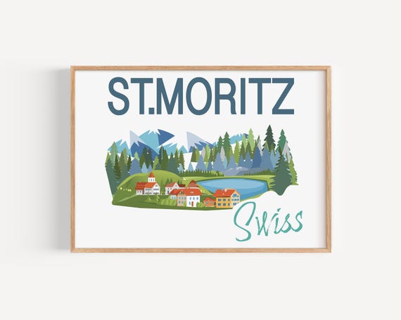 St Moritz Swiss Alps Travel Print Instant Wall Art For Winter Decor Ski Lodge Theme Scenic Mountain Poster Swiss Art