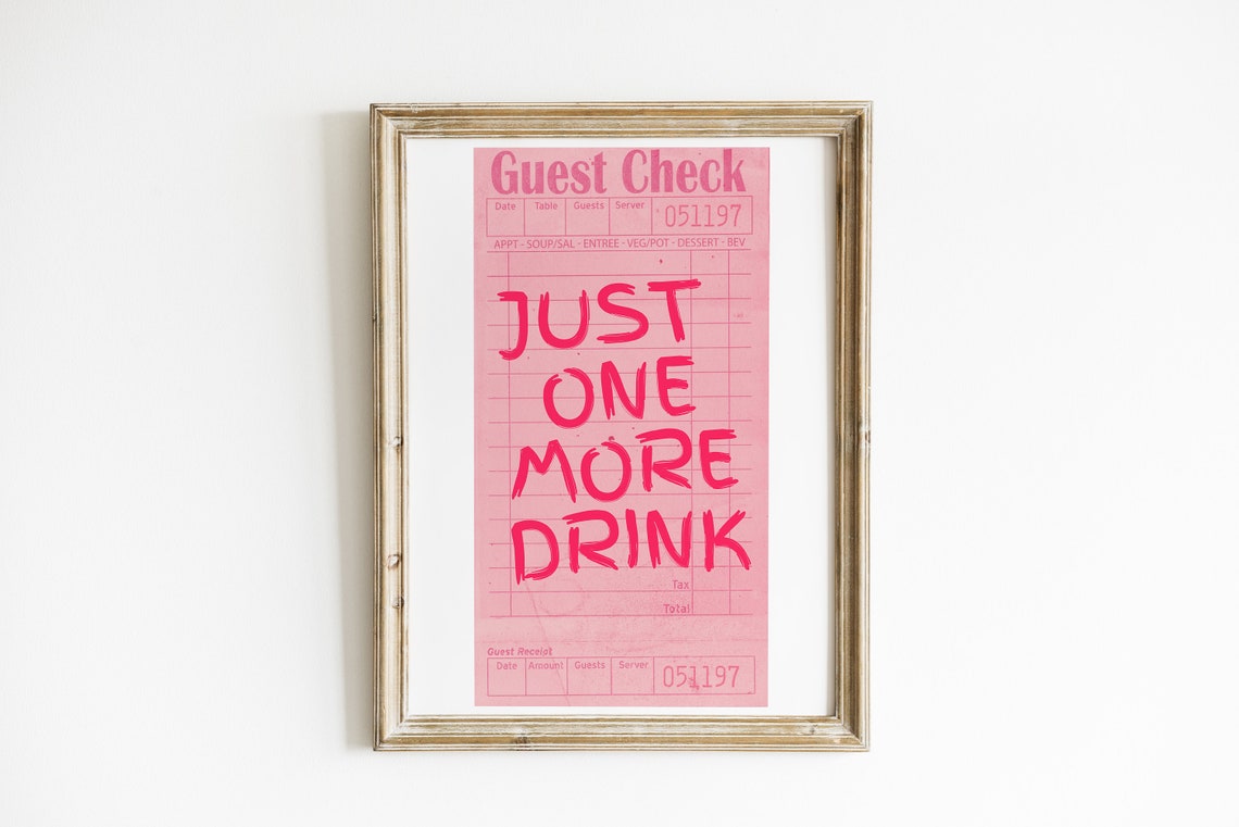 Just One More Drink Pink Guest Check Retro Bar Cart Wall Poster