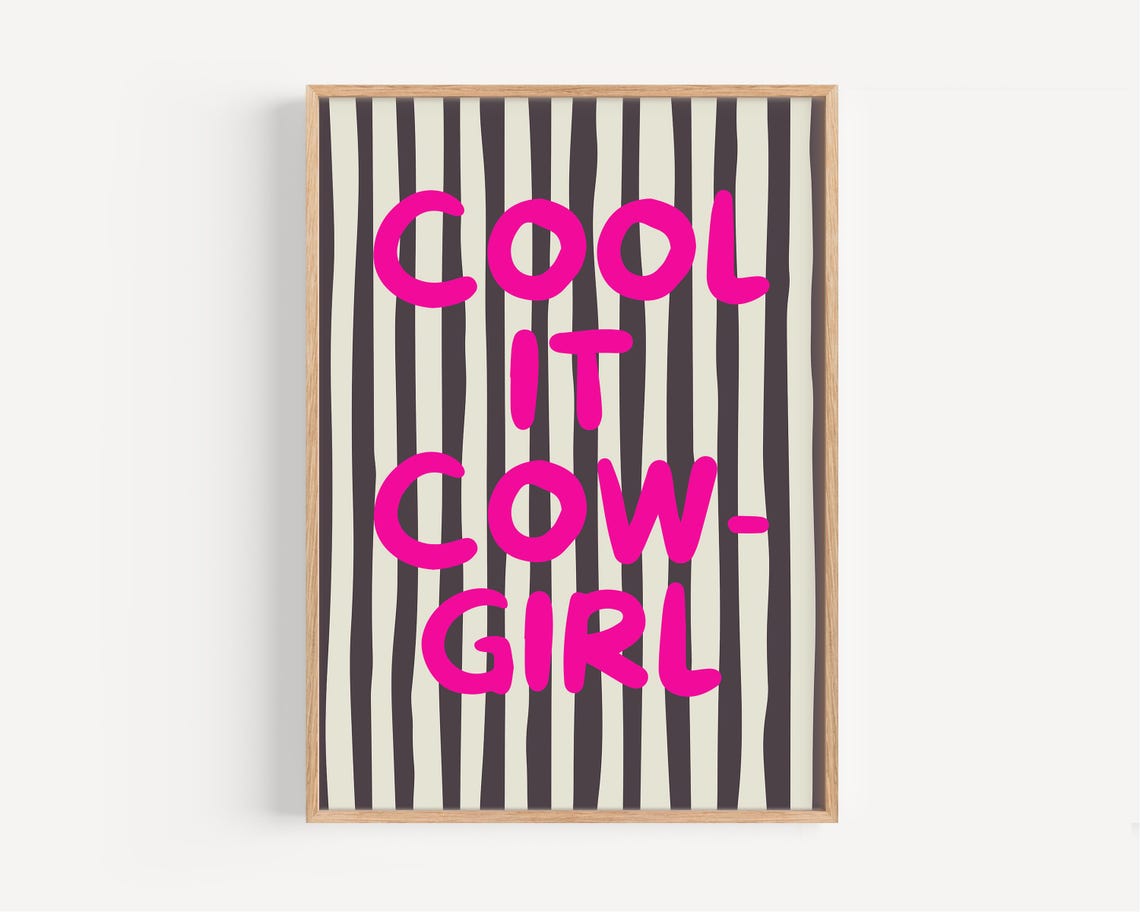 Cool It Cowgirl Wall Art Retro Western Pink Striped Decor Bold Inspirational Quote For Bedroom Dorm Instant Gift