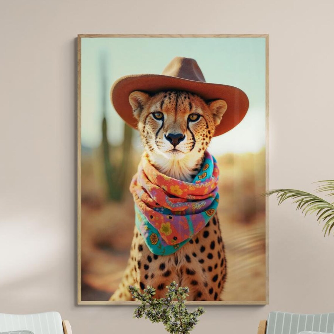 Quirky Cheetah Wearing a Cowboy Hat Desert Portrait Photo Poster