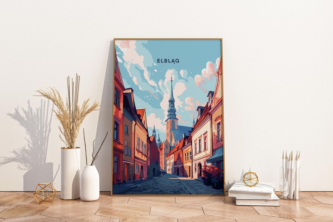 Elblag Poland Historic Old Town Street Church Spire Travel Poster