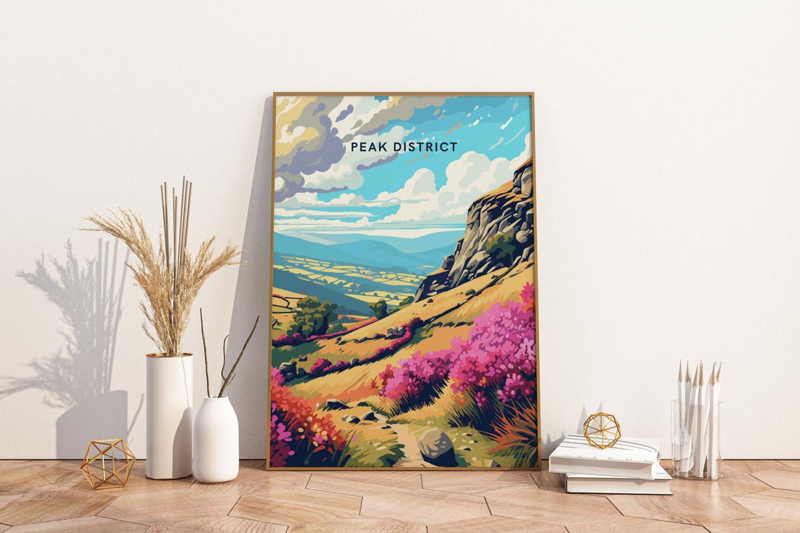 Peak District England Travel Poster Heather Moorland and Crag View