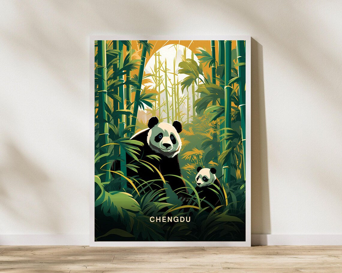 Chengdu China Giant Panda And Cub Bamboo Forest Wildlife Poster