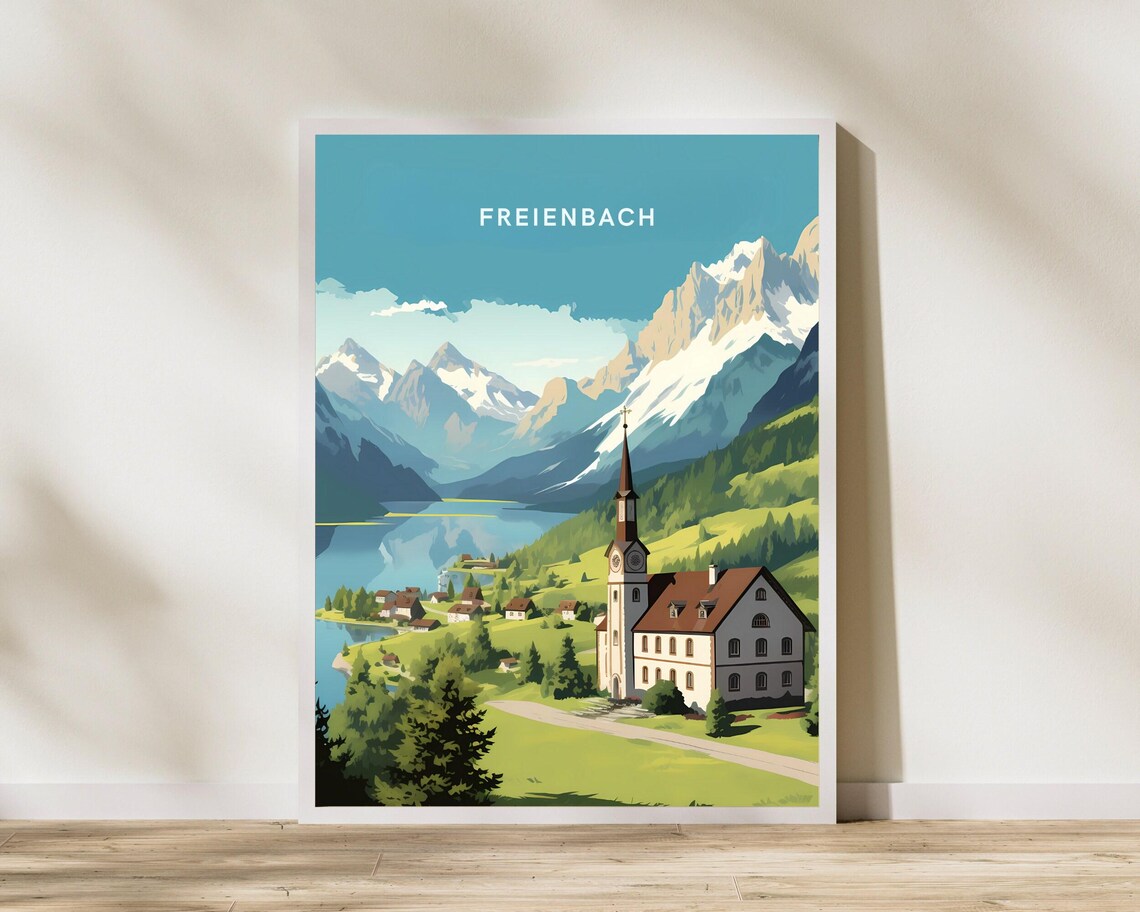 Freienbach Switzerland Mountain Lake Church Vintage Travel Poster