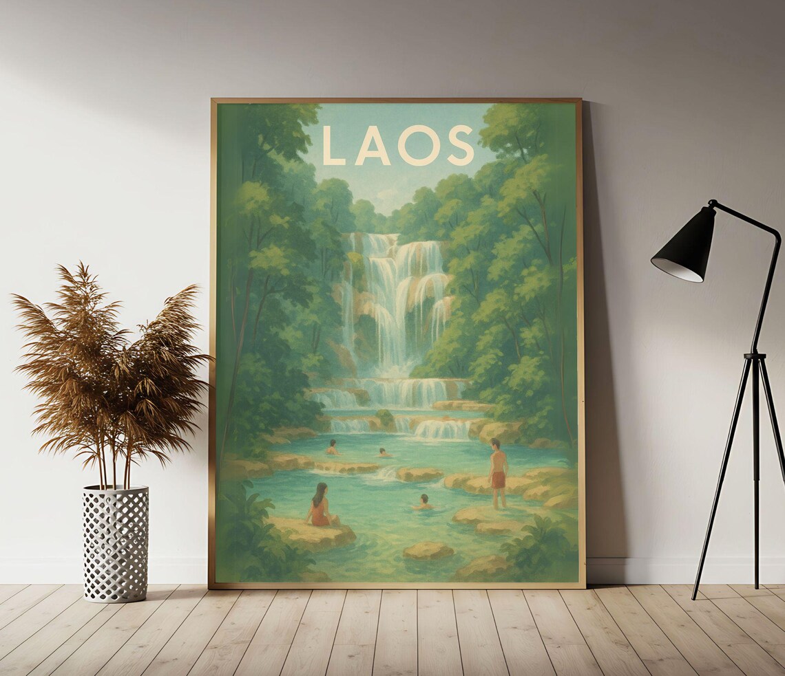 Laos Kuang Si Falls Vintage Travel Poster Waterfall Jungle Swimmers