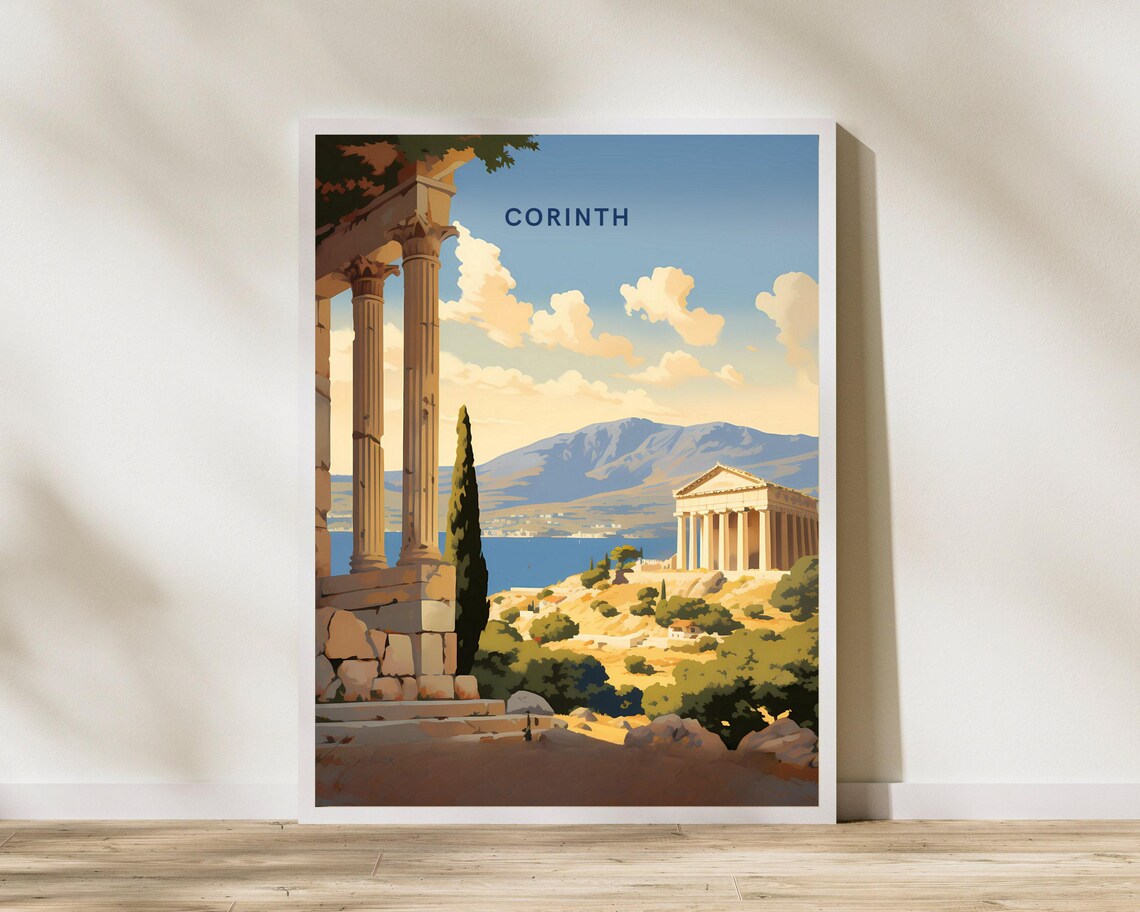 Corinth Greece Ancient Ruins Blue Sky Scenic Vintage Travel Poster