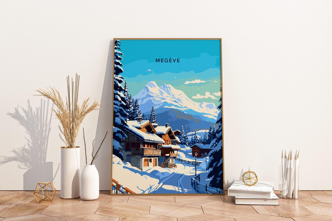 Megève France Snowy Alpine Chalet Village Winter Ski Scene Poster