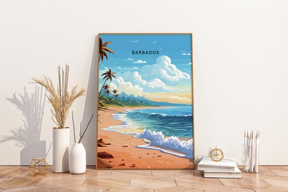 Barbados Beach Tropical Paradise Palm Trees Ocean Surf Poster