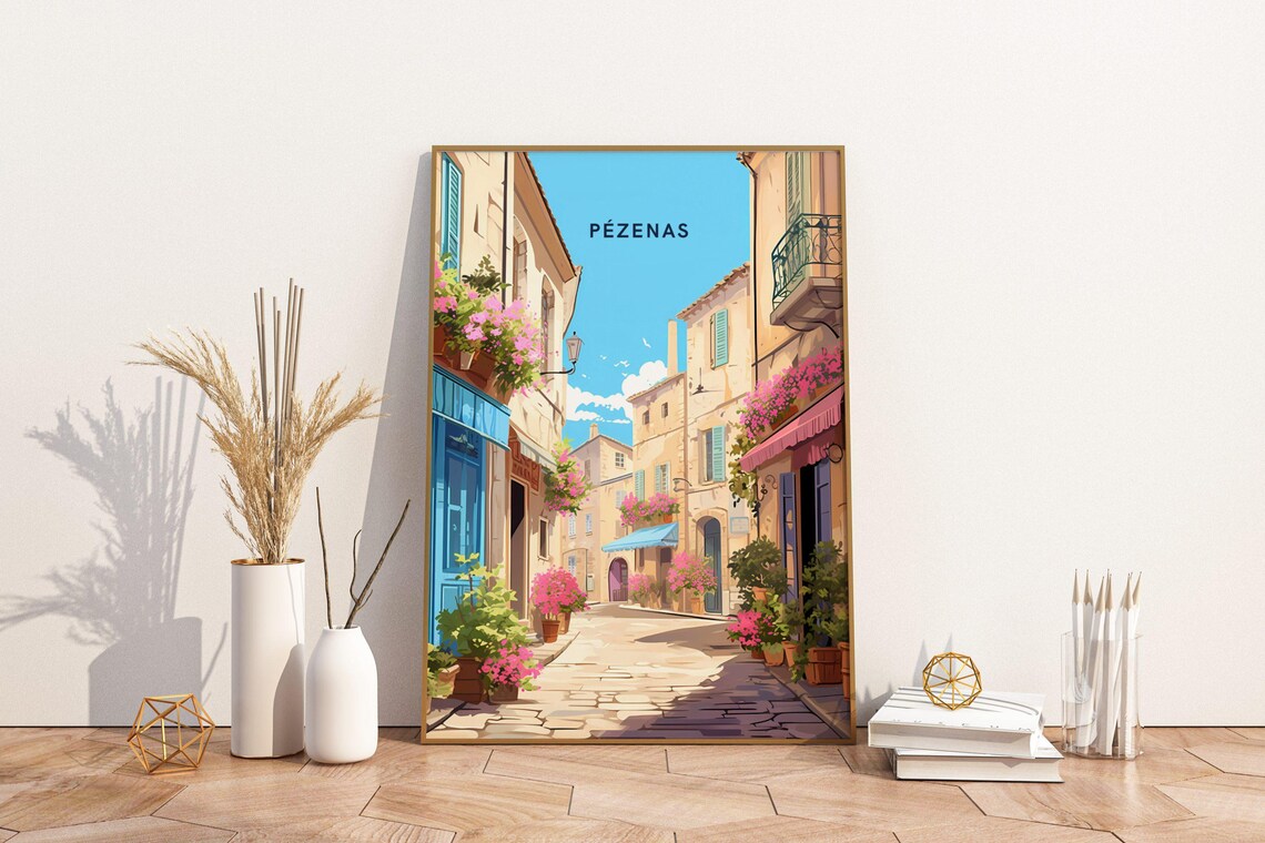 Pezenas France Spring Blossom Street Flowers Vintage Travel Poster