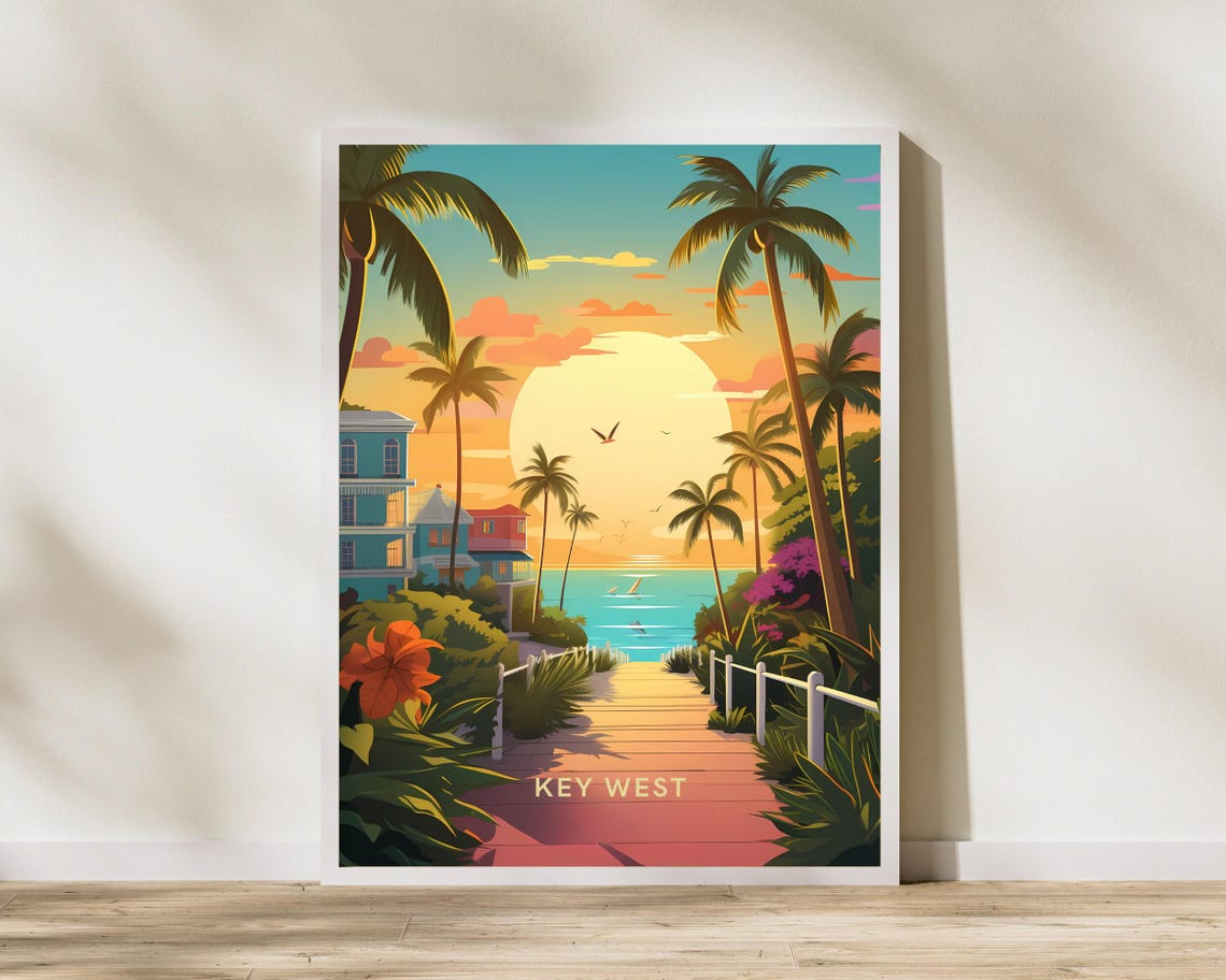 Key West Florida Sunset Palm Tree Boardwalk Beach Travel Poster