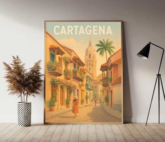 Cartagena Colonial Street Flowers Classic Vintage Travel Poster