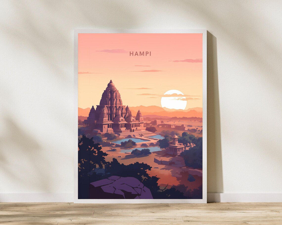Hampi India Ancient Temple Ruins Sunset Illustration Art Poster