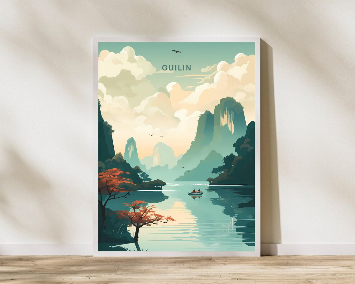 Guilin China Misty Karst Mountains Calm River Boat Travel Poster