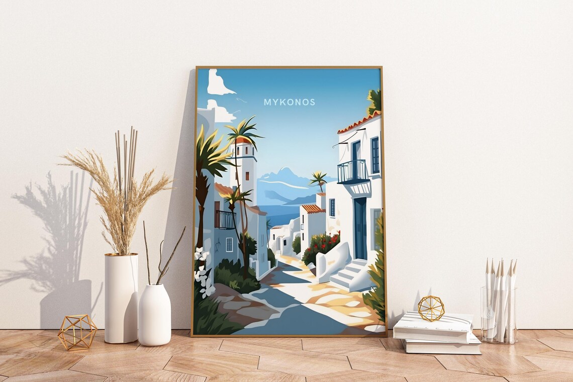 Mykonos Greece Sunlit Whitewashed Street Church Flower Alley Poster