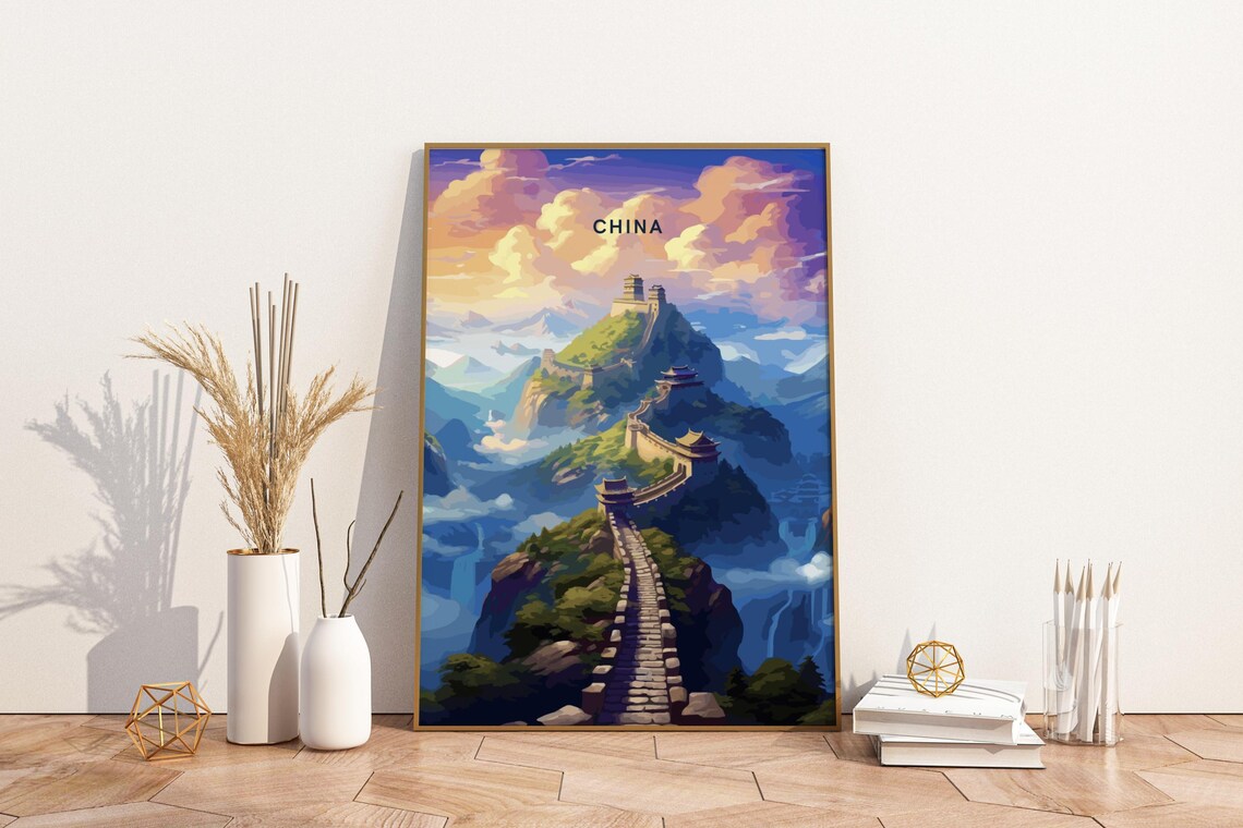 China Great Wall Mountain Sunrise Watchtowers Vintage Travel Poster