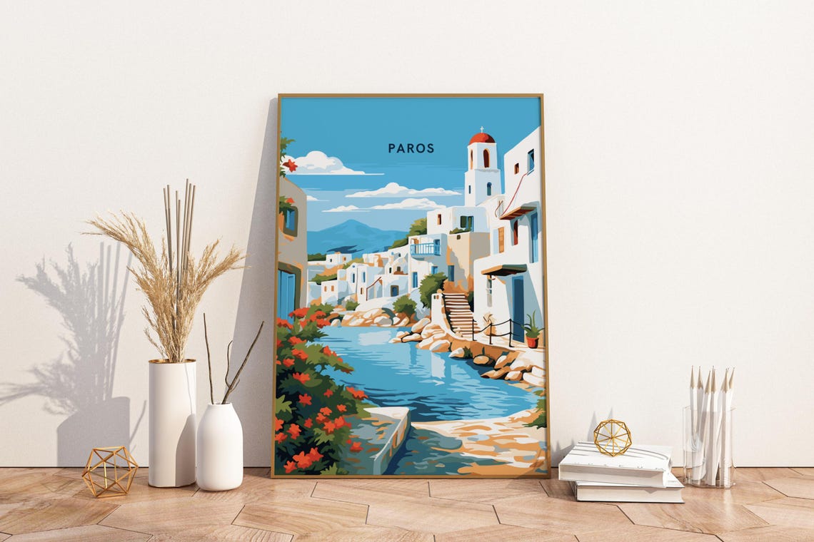 Paros Greek Island Waterfront Travel Poster in Pastel Illustration