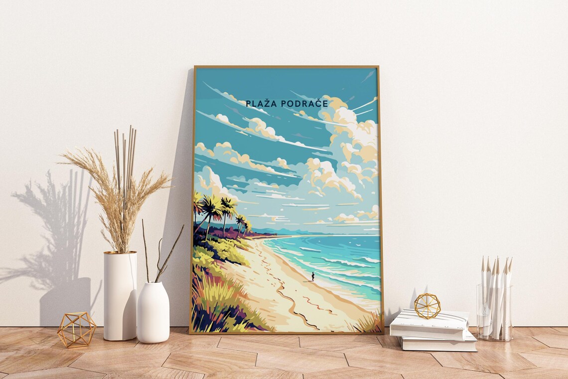 Plaža Podrače Croatia Beach Travel Poster Sandy Shore Palms View