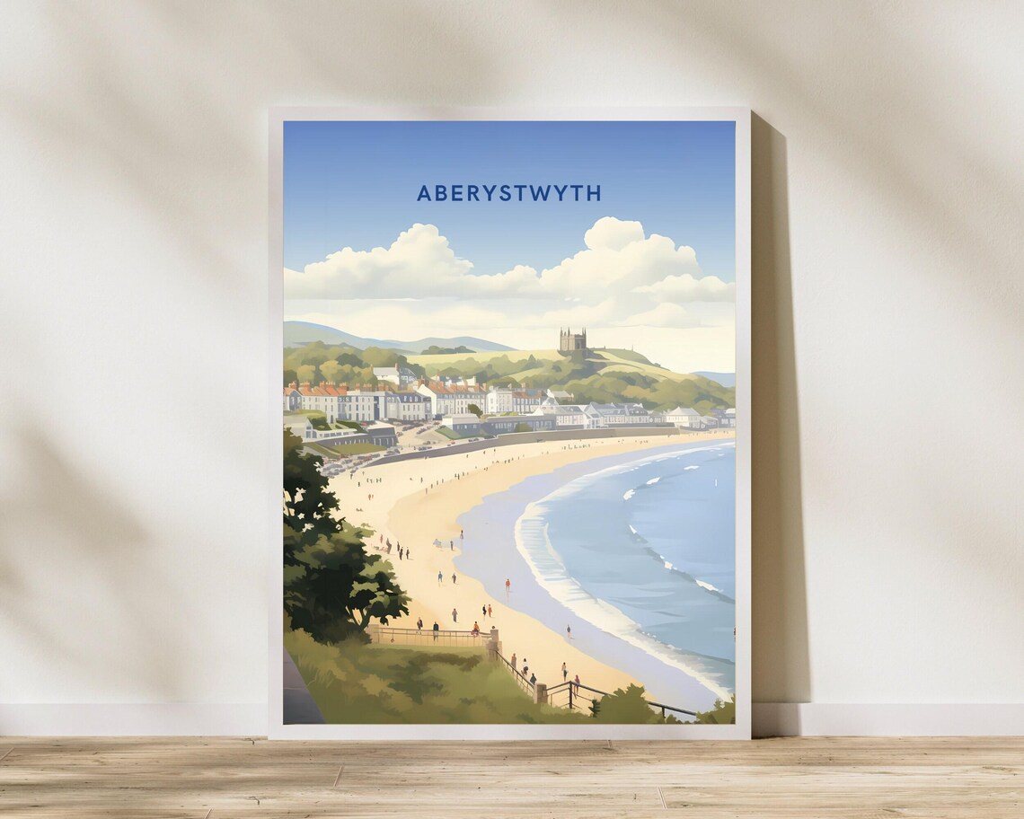 Aberystwyth Wales Sandy Beach Promenade Retro Seaside Travel Poster