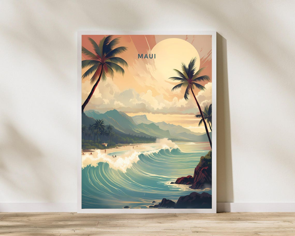 Maui Hawaii Golden Sunset Surf Waves Palm Beach Retro Travel Poster