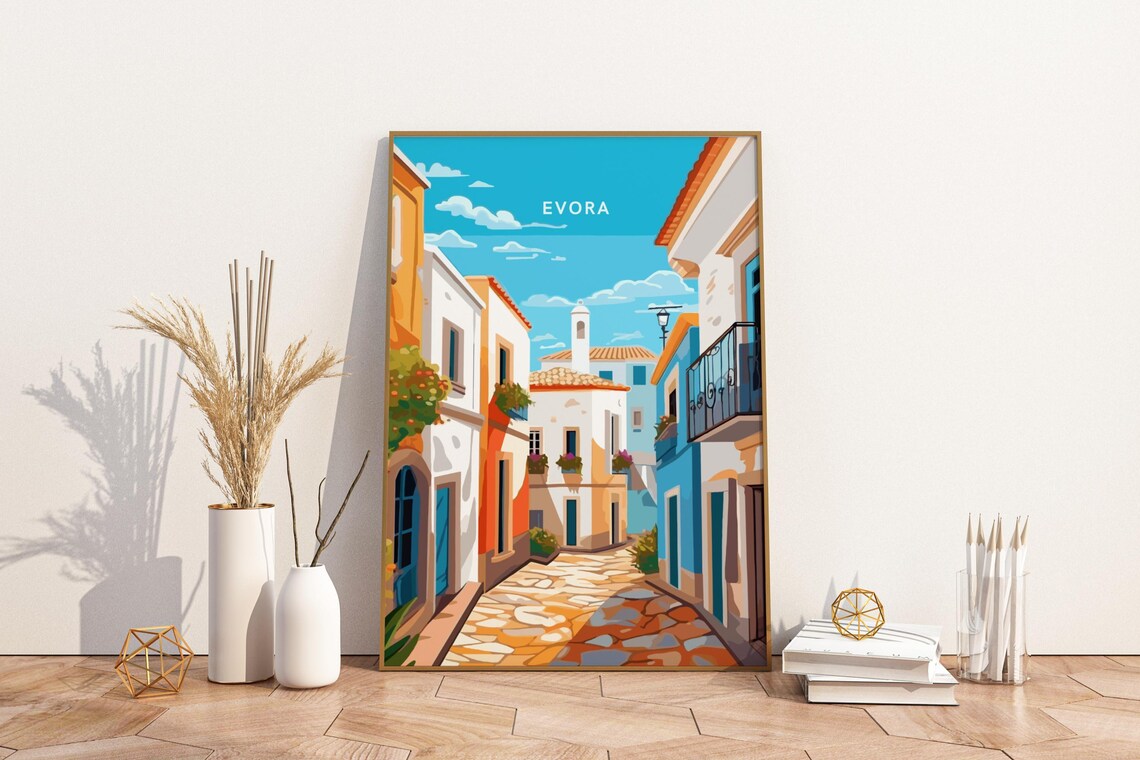 Streets Of Evora Portugal Colorful Travel Illustration Wall Poster