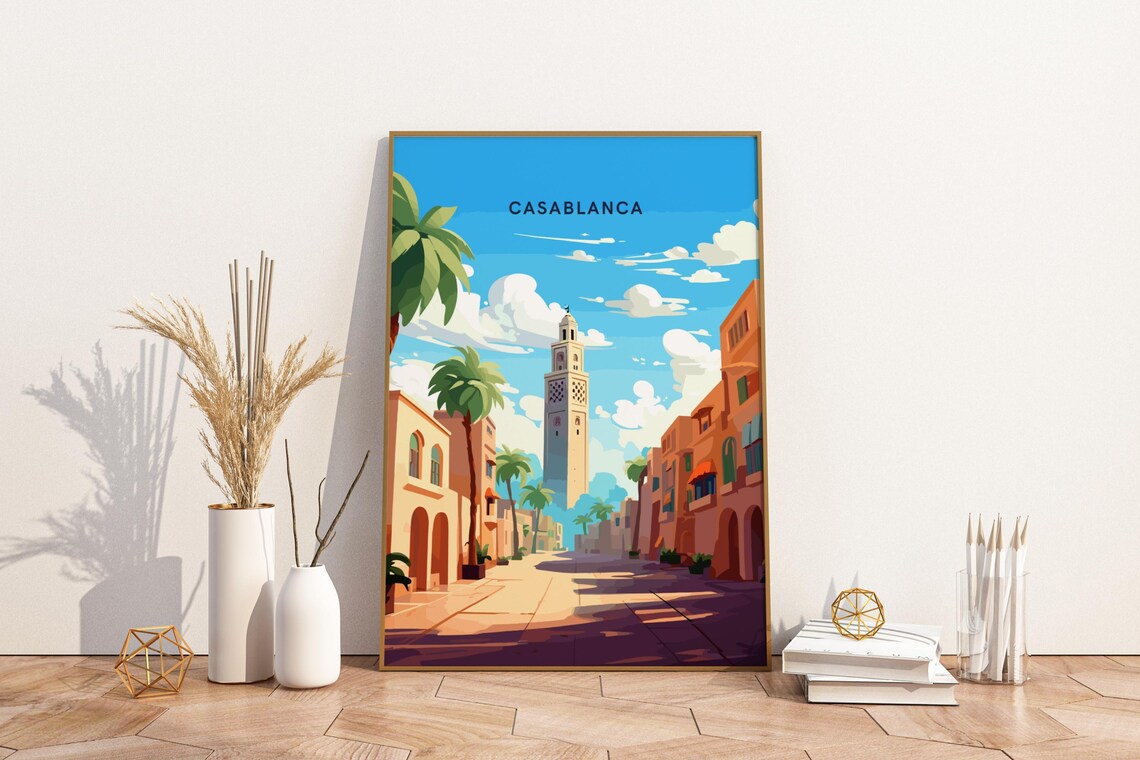 Casablanca Morocco Mosque Minaret Old Town Street Travel Poster
