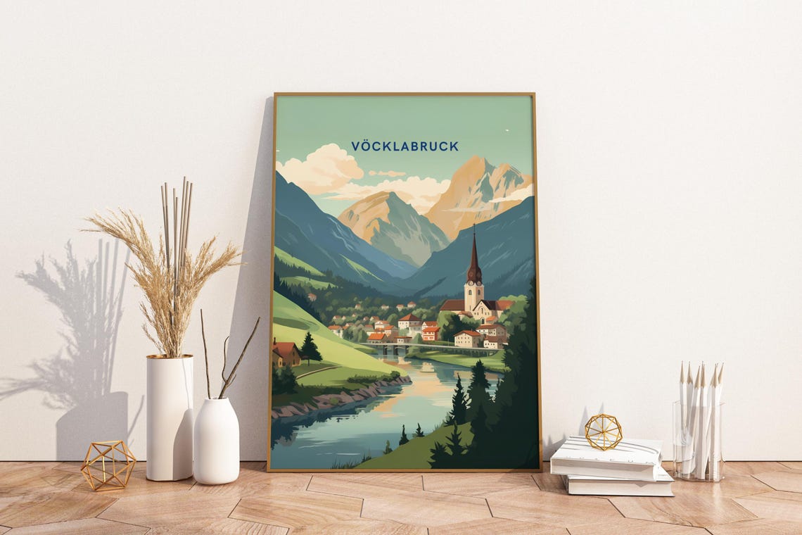 Vocklabruck Austria Alpine Village River Valley Vintage Travel Poster
