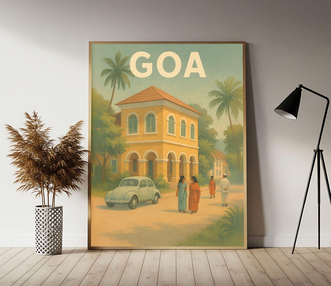 Goa India Colonial Street Vintage Car Scene Art Travel Poster