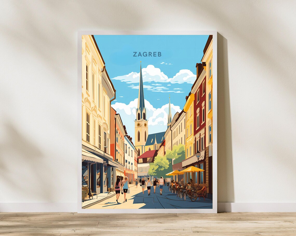Zagreb Croatia Old Town Cathedral Street Vintage Travel Poster