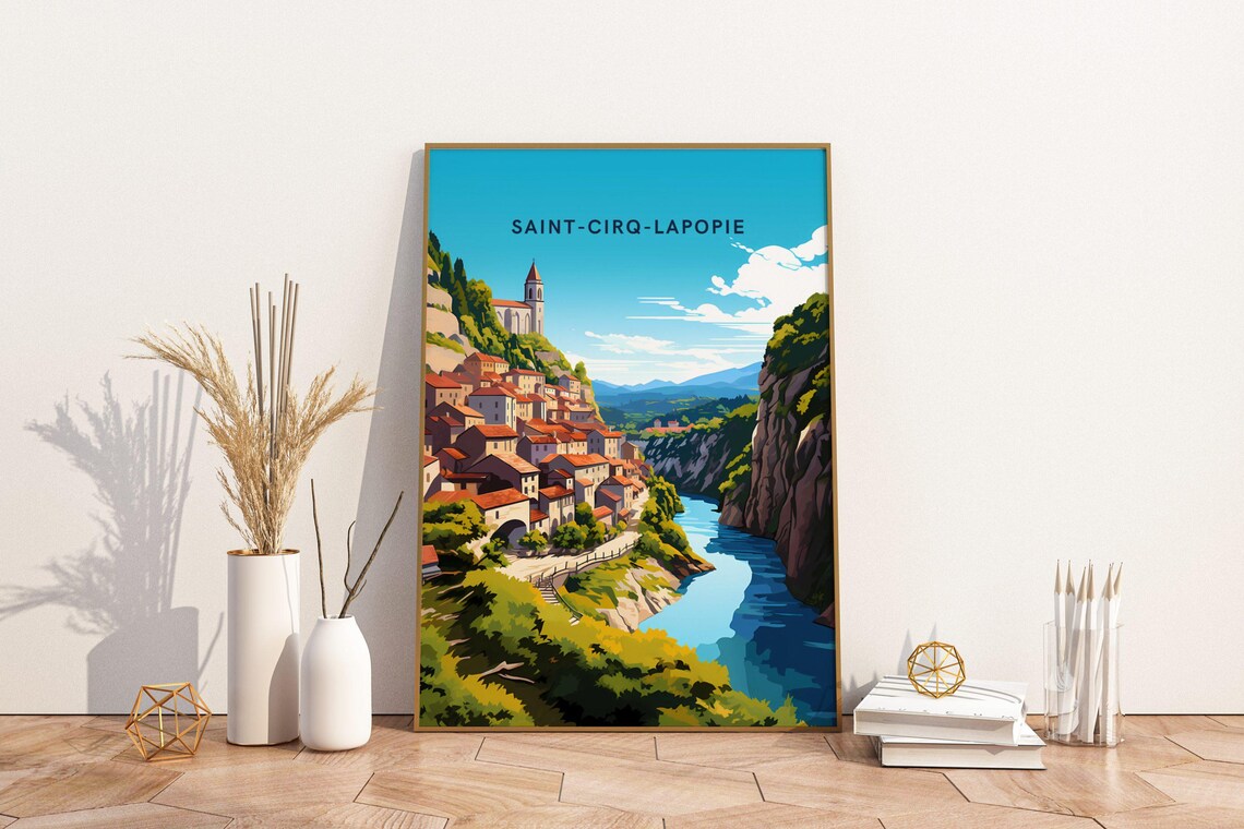Saint Cirq Lapopie France Cliffside Village Over River Travel Poster