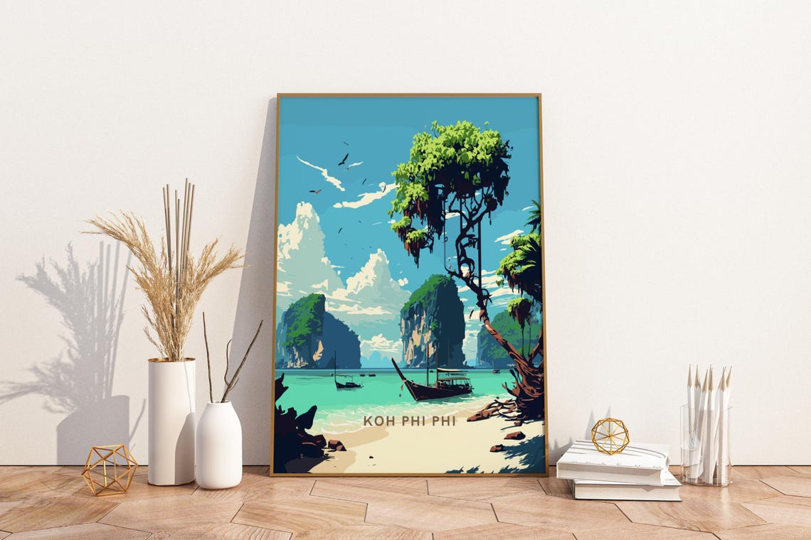 Koh Phi Phi Thailand Vintage Travel Poster With Longtail Boat Beach