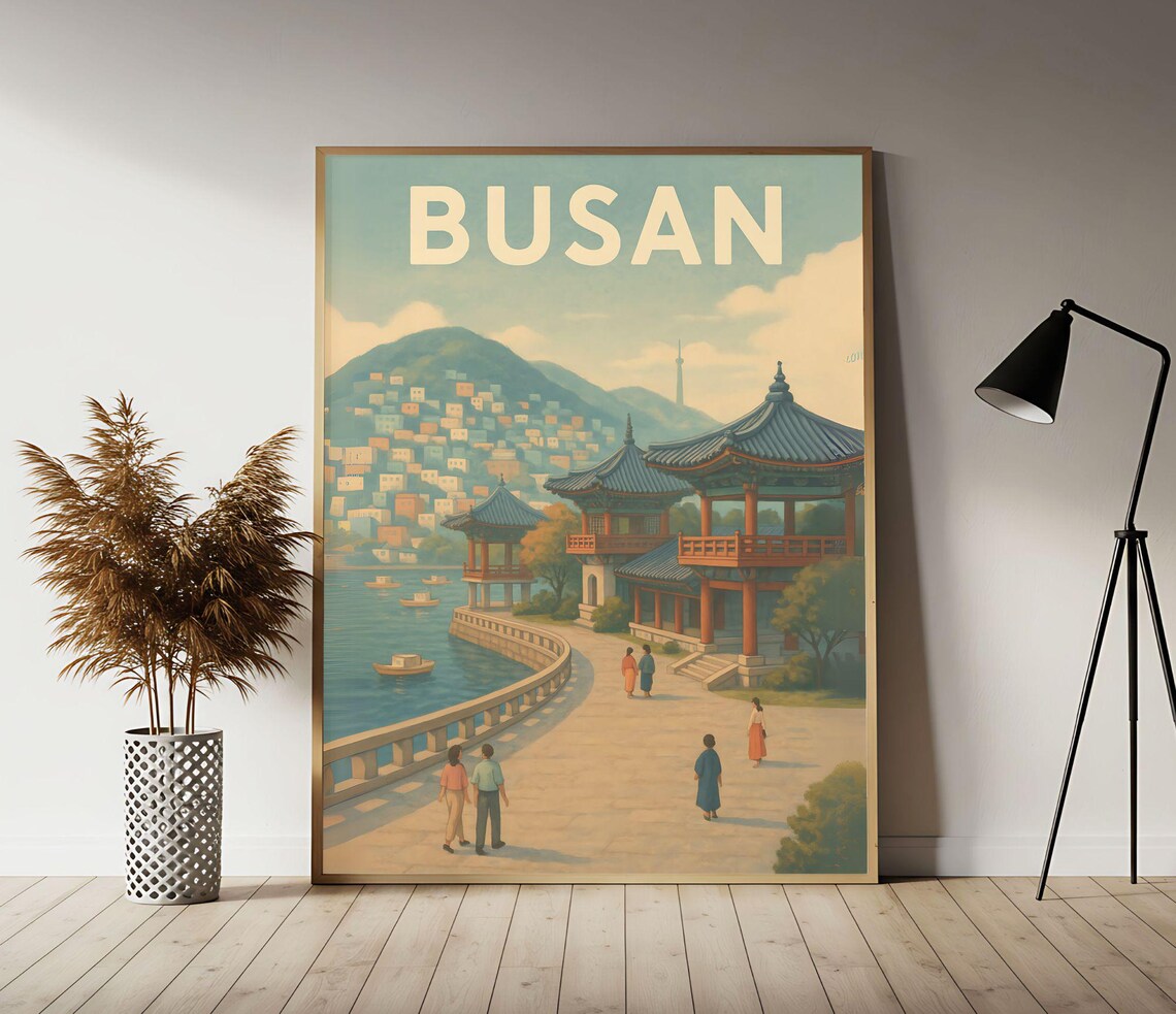 Busan Gamcheon Village Waterfront Vintage Korea Travel Poster