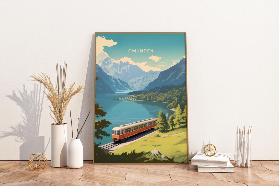 Gmunden Austria Alpine Lake Train Mountain Illustration Poster