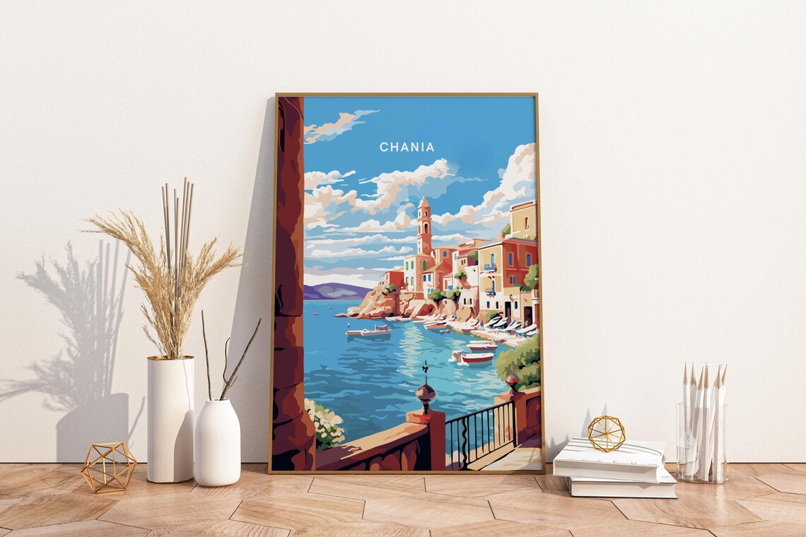 Chania Crete Vintage Travel Poster With Old Harbor And Church