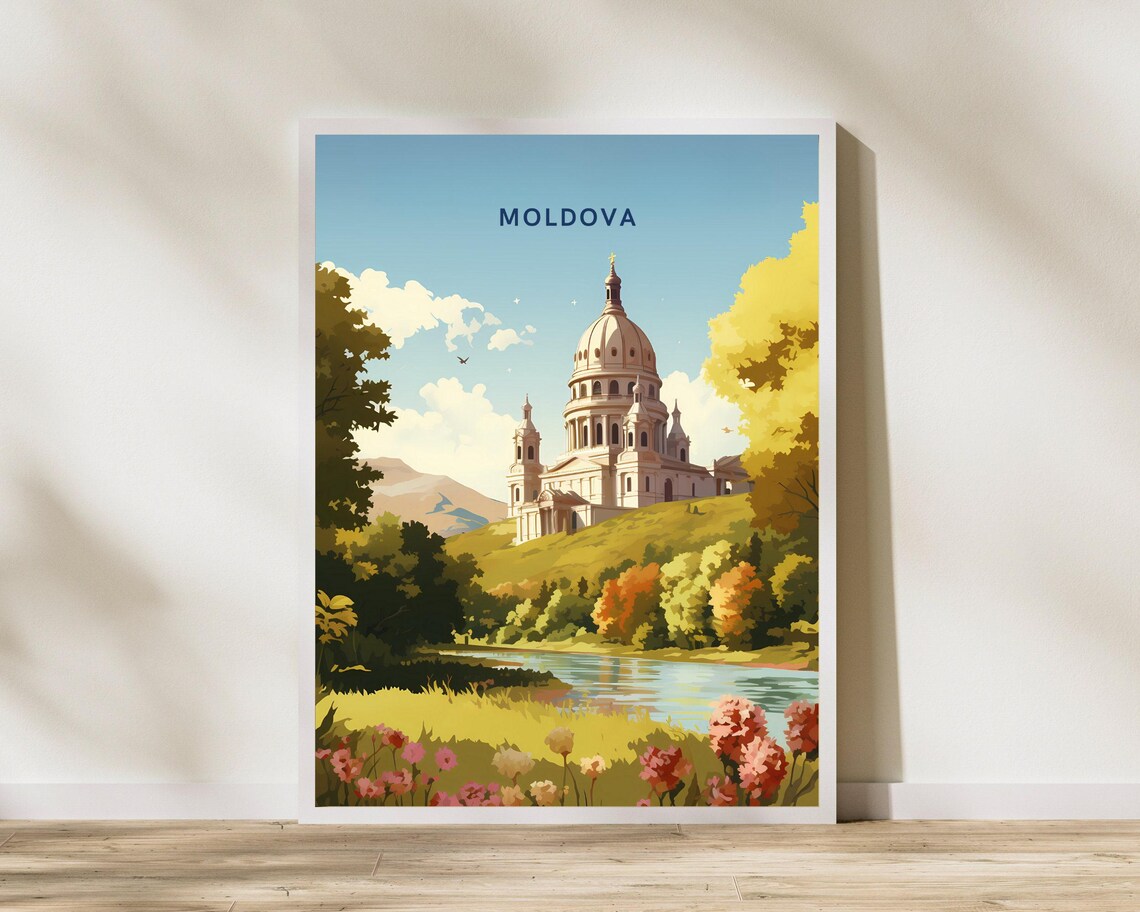 Moldova Riverside Cathedral Autumn Landscape Vintage Travel Poster