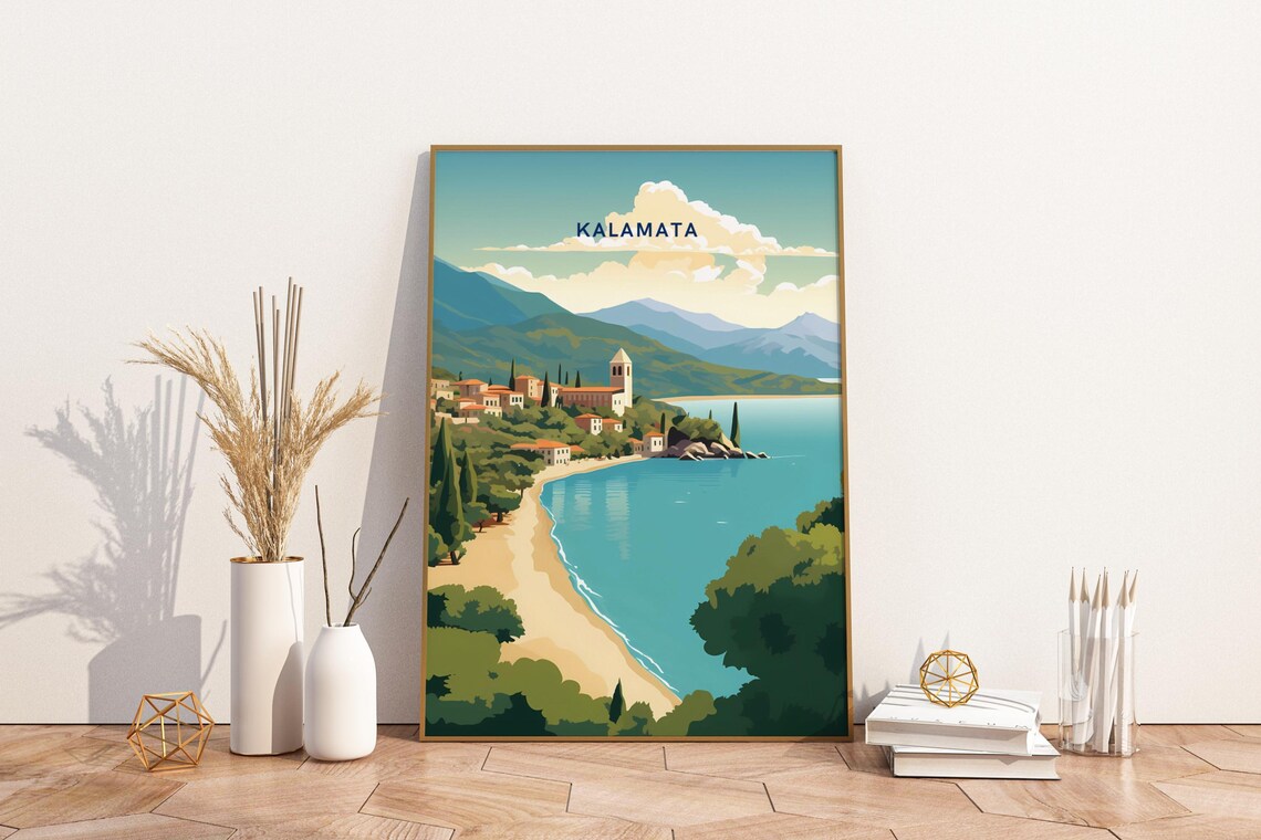 Kalamata Greece Vintage Style Travel Poster With Coastal View