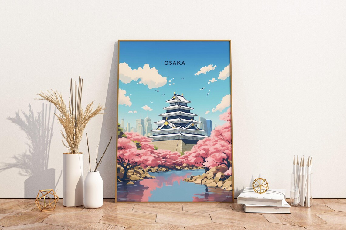 Osaka Japan Castle Pink Cherry Blossoms Spring Travel Poster