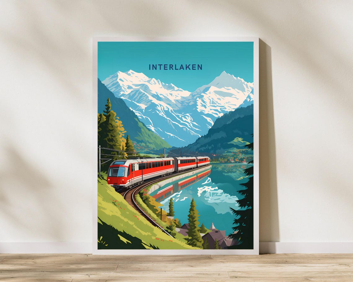 Interlaken Switzerland Alpine Train Lake Peaks Artwork Poster