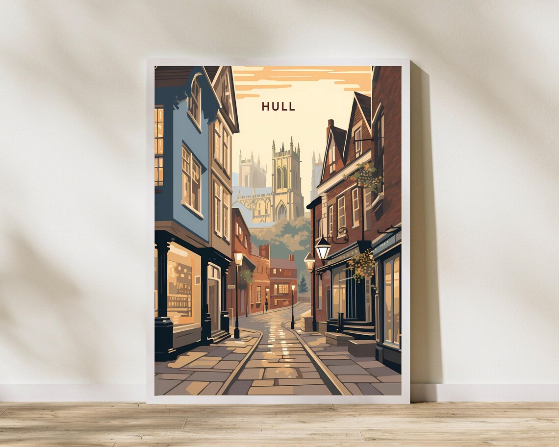 Hull England Historic Street and Church Towers Travel Poster