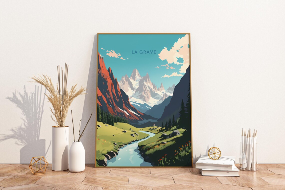 La Grave France Alpine Valley River Mountain Illustration Poster